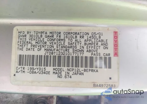 2001 Toyota Echo from USA, damaged, VIN JTDBT123210177177